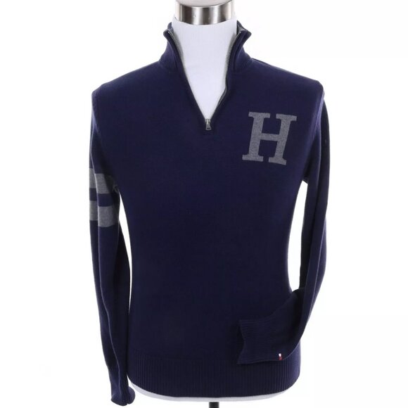 Tommy Hilfiger Men 1/4 Zip Turtleneck H Logo Solid Sweater - Medium - Navy - Picture 1 of 4